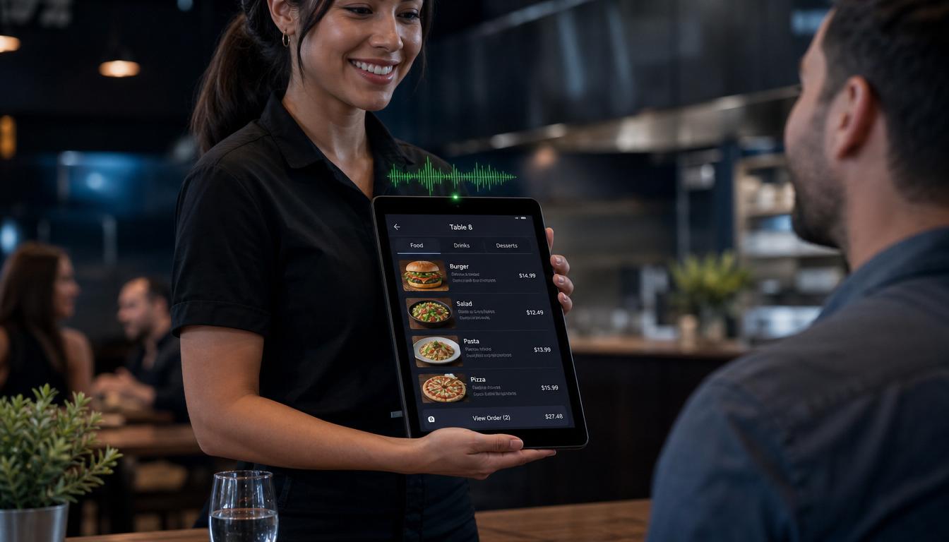 Server taking a guest order on a tablet with a built-in microphone and green recording wave